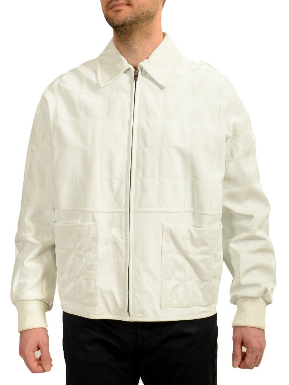 Scuderia Ferrari Men's White "Liquid" 100% Leather Bomber Jacket US S IT 48